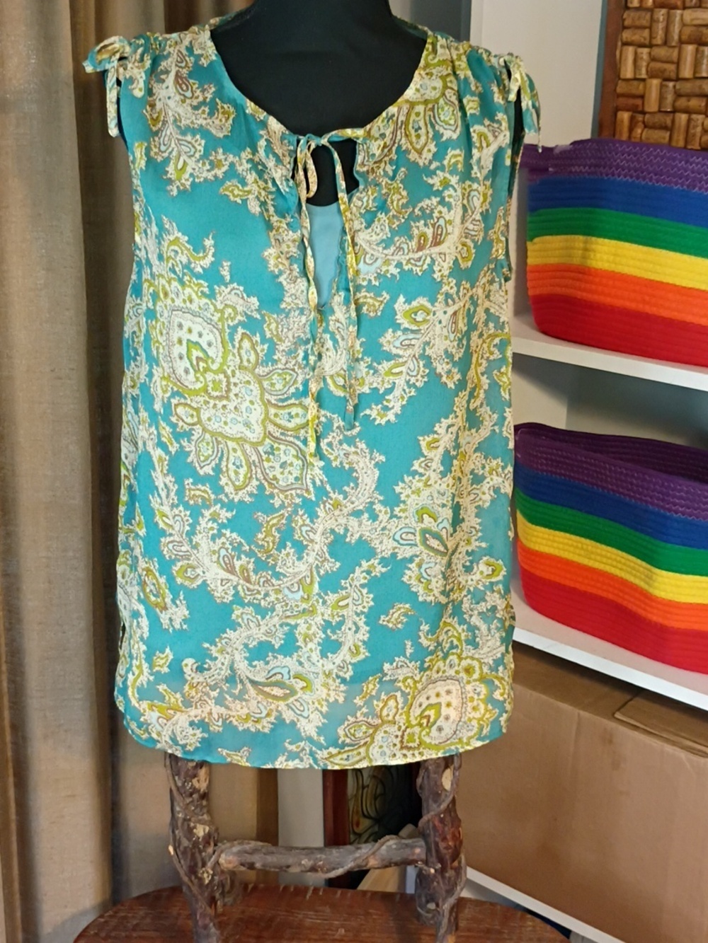 Teal Paisley Sleeveless Tie-Shoulder Top With Matching Slip By Talbots